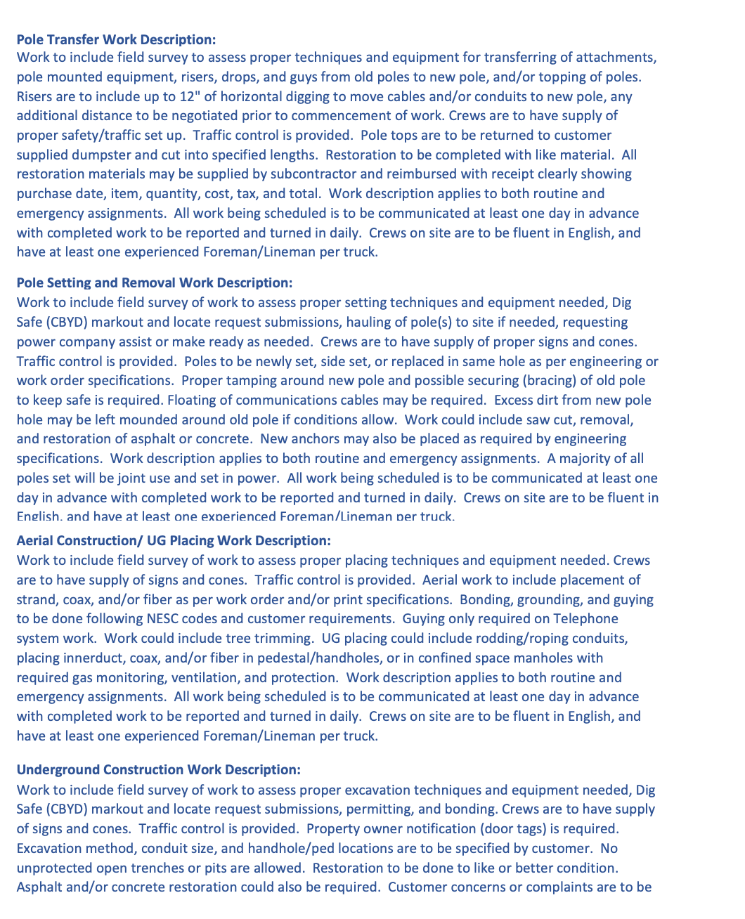 Request For Subcontractor Agreement- Work Descriptions